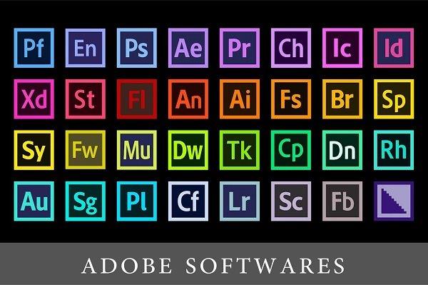 adobe software logos on black background