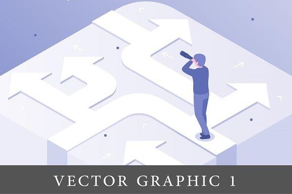 crtež čoveka koji kroz durbin posmatra vektorski iscrtane putanje