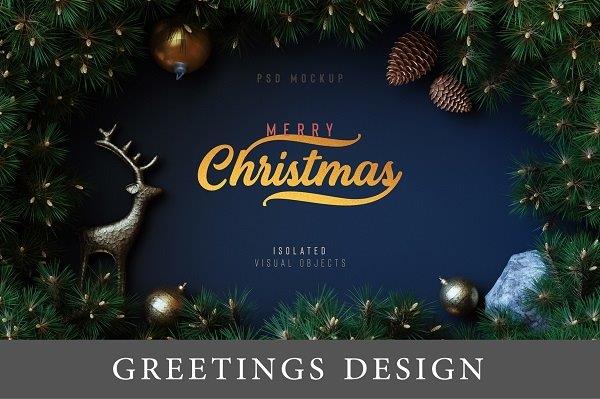example of a marry christmas greeting card in gold letters on a dark blue background